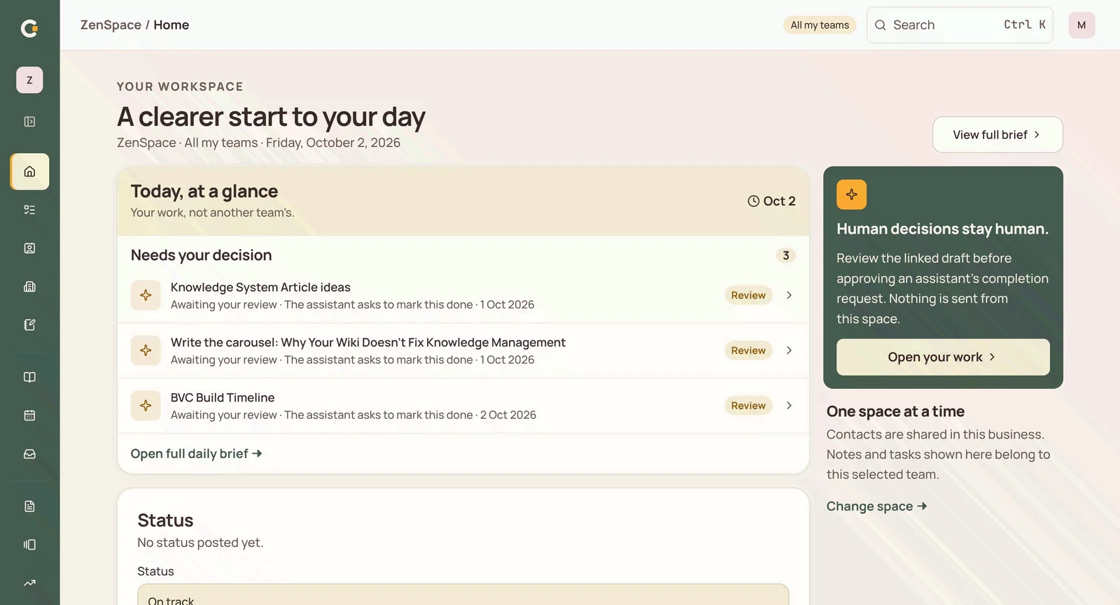 ZenSpace operations workspace showing a human review queue and daily work overview