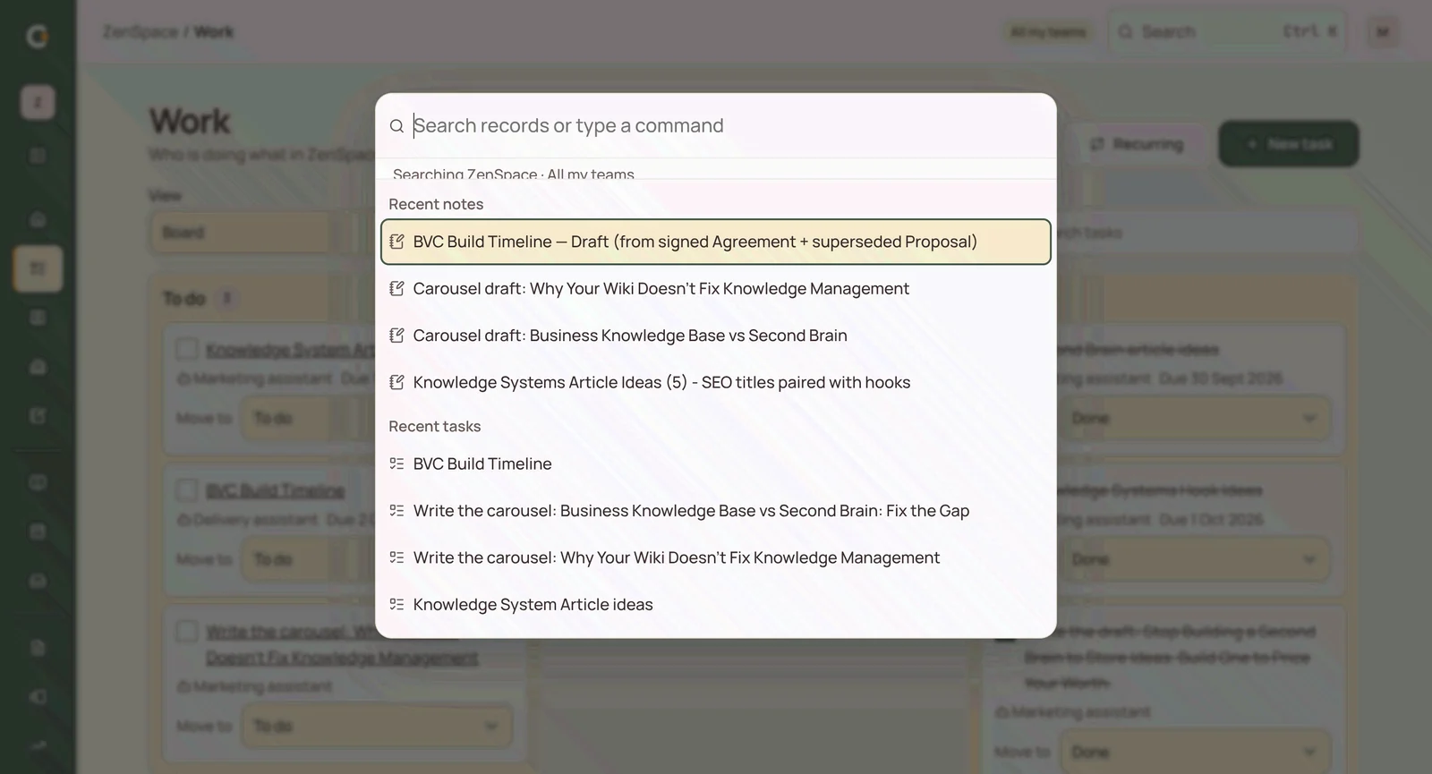 Custom search interface finding notes and tasks across a workspace